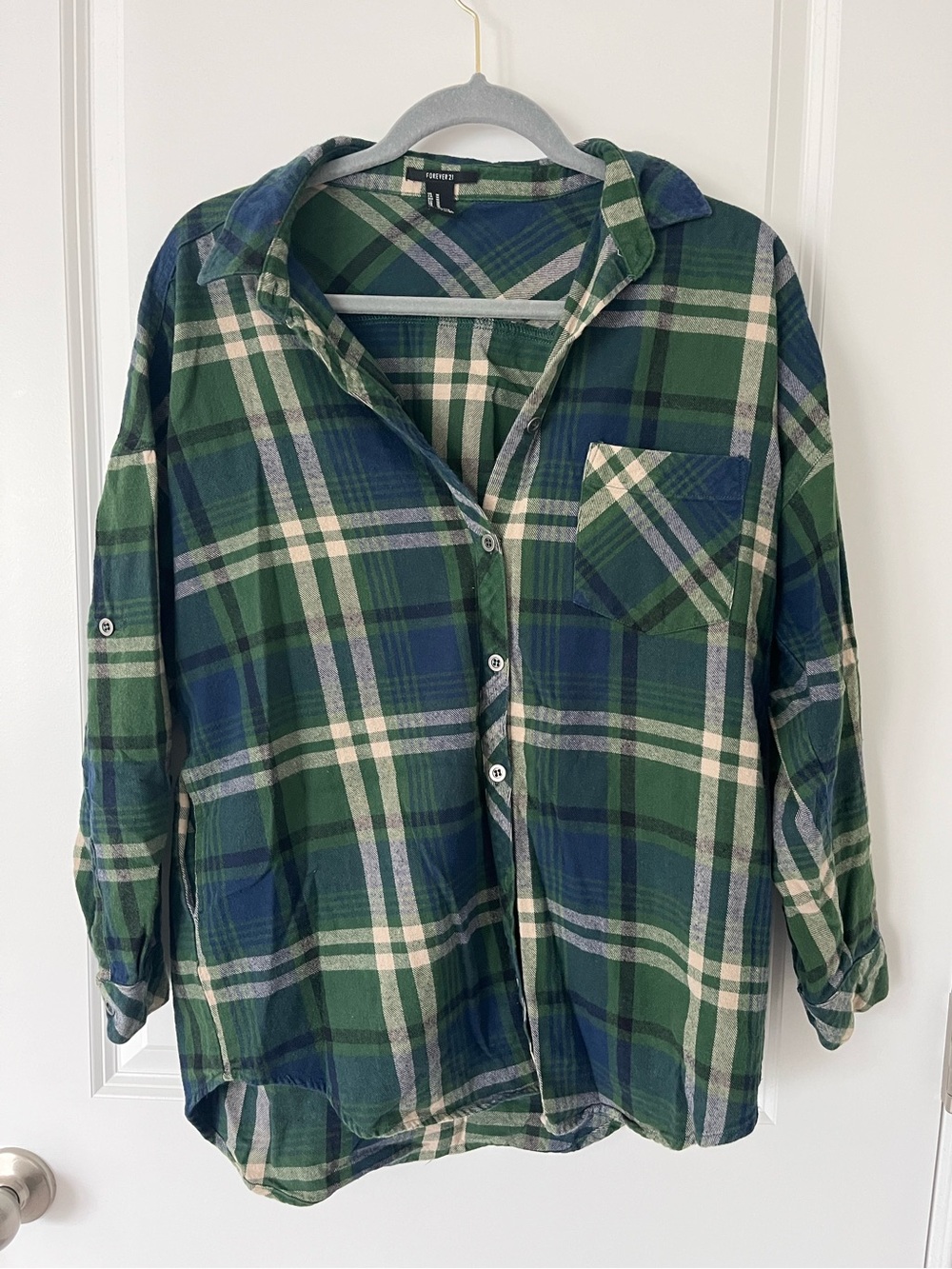 Forever 21 Medium Green Blue White Plaid Long Sleeve Shirt with Pockets